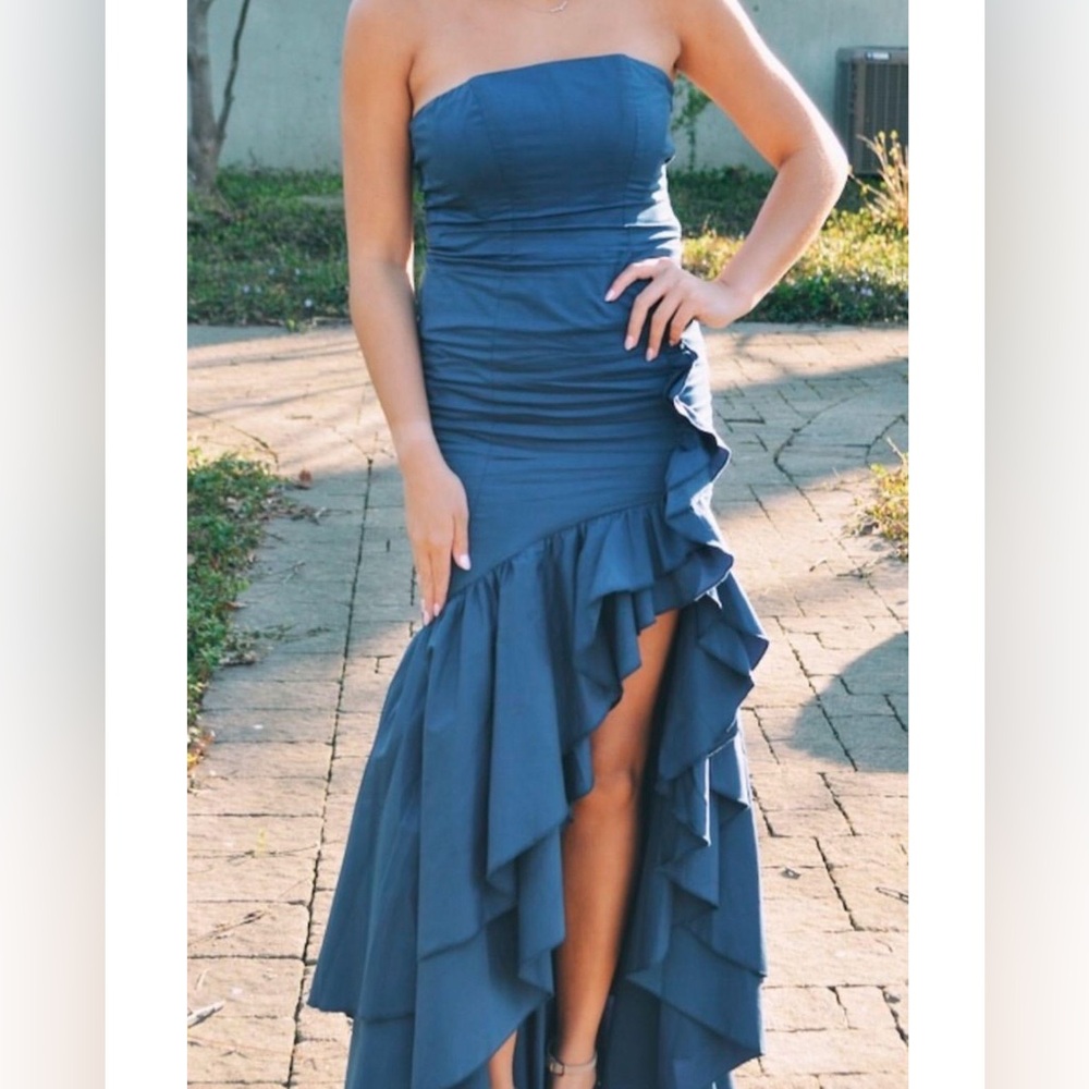 Blue Asymmetrical Strapless Gown with Ruffles